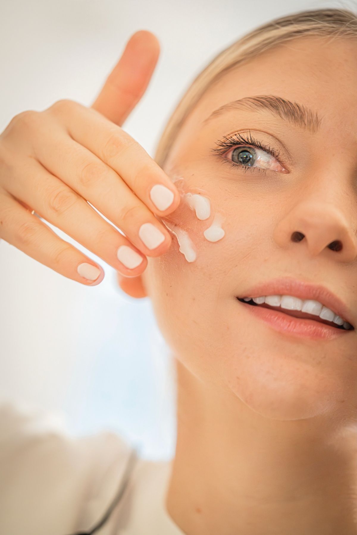 Piel seca: fotografía editorial de close-up face applying moisturizer